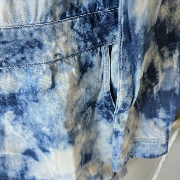 Mebon Machine Chambray Romper Jumpsuit Women L Blue Denim LongSleeve Tye Dye - Picture 12 of 16